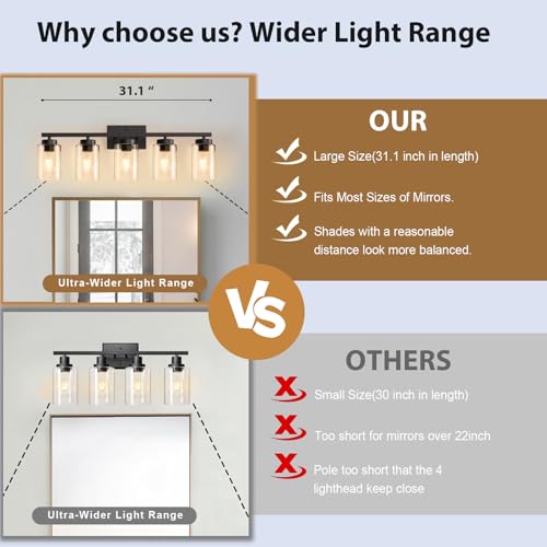 Image of IZORRO Bathroom Light Fixtures, Modern Vanity Lights, Bathroom Lighting Fixtures Over Mirror with Clear Glass Shade, Wall Sconce for Living Room Cabinet Bedroom (Matte Black, 5-Light)