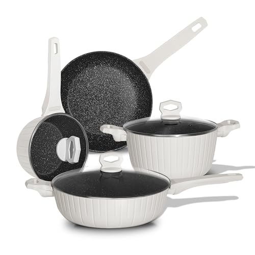 FRUITEAM Non Stick Pots and Pans Sets, Granite Coated Cookware Set, 7PCS Induction Hob Pan Set