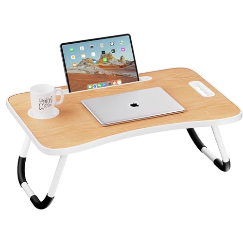 Foldable Laptop Table, Laptop Bed Tray Table for Bed, Sofa, Dinner Bed Portable Bed Tray with Sturdy Portable Cup Holder for Eating, Writing, Working, Walnut