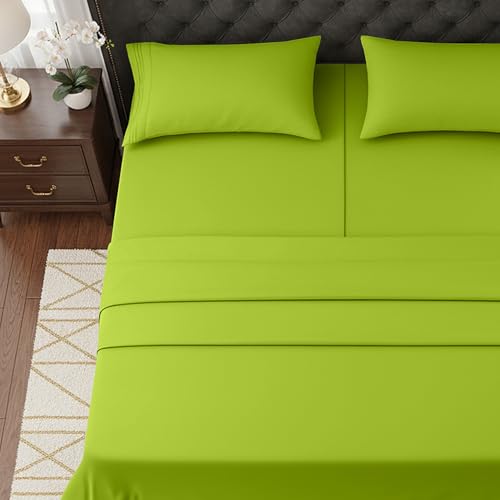 Image of Elegant Comfort Luxurious 1500 Premium Hotel Quality Microfiber Three Line Embroidered Softest 5-Piece Bed Sheet Set, Wrinkle and Fade Resistant, Split King, Lime