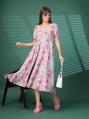 Image of OOMPH! Below Knee Shift Pink Dress in Crepe Fabric with Round Neck and Puff Sleeves - md619l