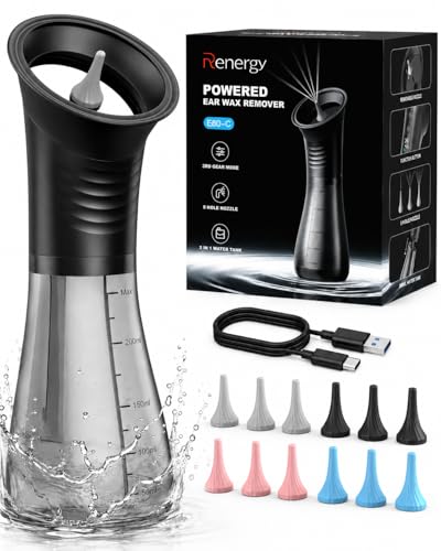 Renergy Electric Ear Wax Removal Kit Powered Ear Wax Remover with LED Display Dual Clean & Waste Tank Water Ear Cleaner & Ear Cleaning Kit Ear Irrigation Flushing System 3 Modes 12 Nozzles IP67