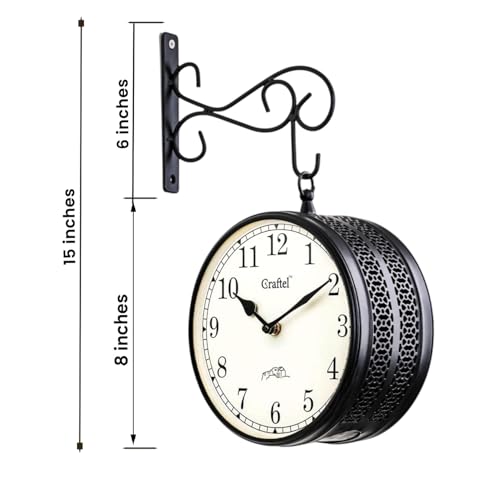 Image of CRAFTEL Double Sided Station Wall Clock Powder Coated Finish | Both Side English Numerals | Aluminum Matte-Finish Dial Brass Body | Dial - 8 Inches, Matte Black | 365 Days Warranty