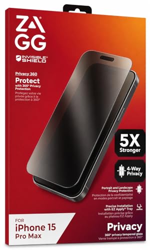 ZAGG Elite Privacy 360 Glass Screen Protector for iPhone 15 Pro Max - 5X Stronger Tempered Glass 4-Way Privacy Filter Scratch Protection Smudge-Resistant Easy to Install InvisibleShield - Clear