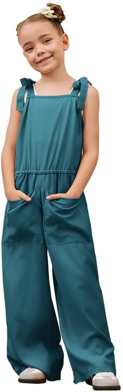Mirawise Girls Romper Tie Strap Jumpsuit Kids Sleeveless Outfits Overalls Wide leg Elastic Clothes Long Pants with Pockets