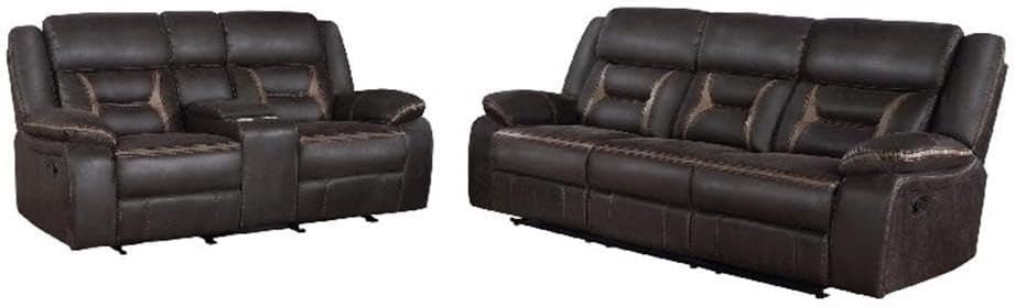 Pemberly Row 2-Piece Manual Reclining Sofa and Glider Loveseat Set, Brown Faux Leather, Built-in Cup Holders, Power Outlets, Hidden Storage, Pocket Coil Cushions, Living Room Furniture