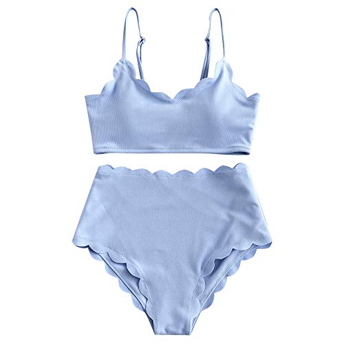 ZAFUL Women's Textured Scalloped Lace-Up Bandeau Bikini Set Two Piece Bathing Suit (D-Jeans Blue, S)