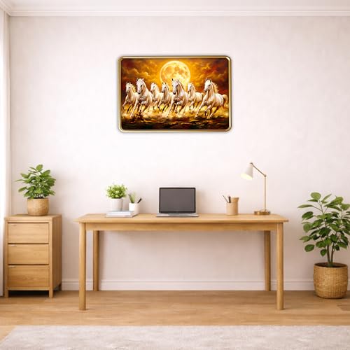 Image of XOPY Seven Running Horses with Golden Frame | Vastu 7 horses Raw Pyrite Painting for Home, Office & Living Room Wall Decore | 12X18 Inch Sparkle Laminated Frame | Best For Gifting (53307, 12X18)