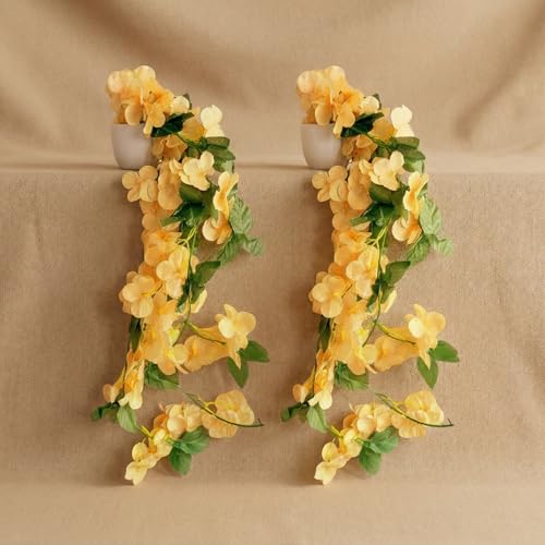 Image of Dekorly Artificial Hanging Garland with Pot - 100cm Vine |10cm Decorative Pot for Table |Shelf & Wall Decor | (2, Yellow)