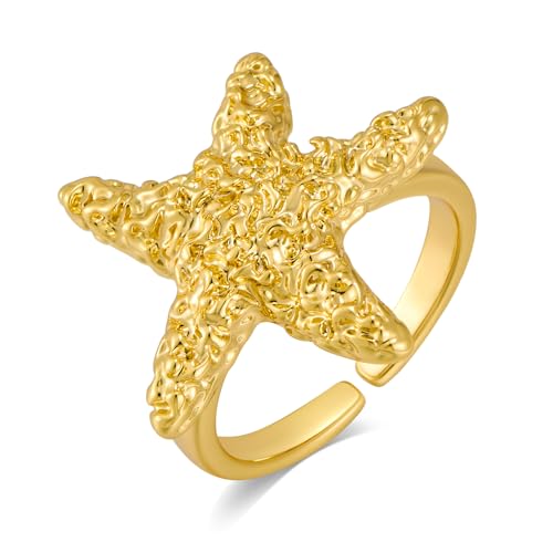 Gold Conch Shell Starfish Rings for Women Adjustable Chunky Open Stackable Seashell Rings Bohemian Statement Rings Summer Ocean Punk Jewelry