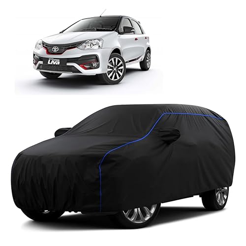 Image of Sulfar 100% Water Resistant Car Body Cover Compatible with Mirror for Toyota Etios Liva (Triple Stitched, Full Bottom Elastic, Black Tafetta with Blue Piping)