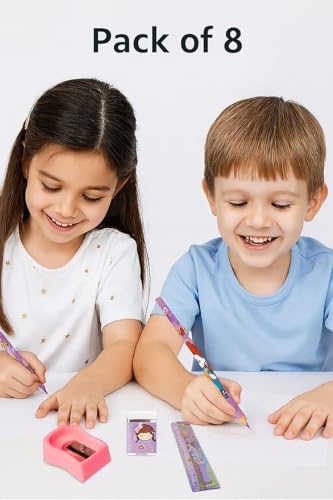 Image of Cartoon Theme School Supplies Kit with Pencil, Eraser, Sharpener | Mix Designs for Boys & Girls | Birthday Return Gift Items for Kids (Pack of 8)