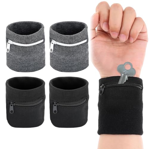 Carteras con correa de muñeca, 4 Piezas, Muñequera Deportiva con Cremallera, bandas de sudor, cartera de bolsillo, Accesorios de Entrenamiento para Monedas, Llaves, Billetera, para correr, baloncesto