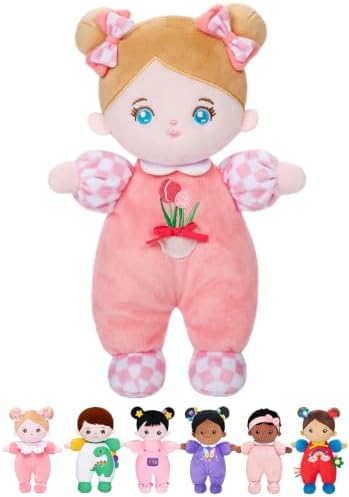 OUOZZZ Weiche Stoffpuppe 25cm, Baby Puppe ab 1 Jahr Kuschelpuppe | rosa Tulpen-Design,geschenk 1 jahr mädchen,spielzeug ab 1 jahr mädchen,tolles Taufgeschenk