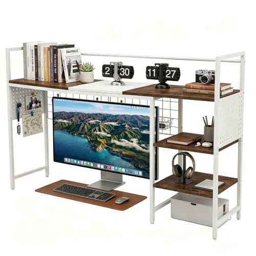 ZHUJERRY Desk Shelf Organizer with Pegboard & Hooks, Desk Hutch for Computer Monitor, Multi-Tier Wood Desktop Bookshelf Display Rack for Home Office Dorm Room (Simple White, 50.39‘’)