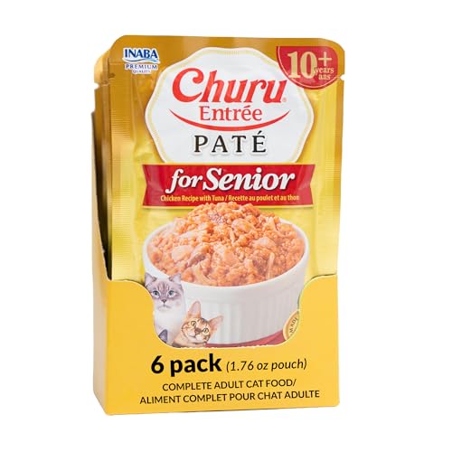 INABA Churu Entrée Pate for Senior Cats, Grain-Free, High Moisture, Prebiotic Wet Cat Food, 1.76oz. per Pouch, 6 Pouches, Chicken with Tuna Recipe