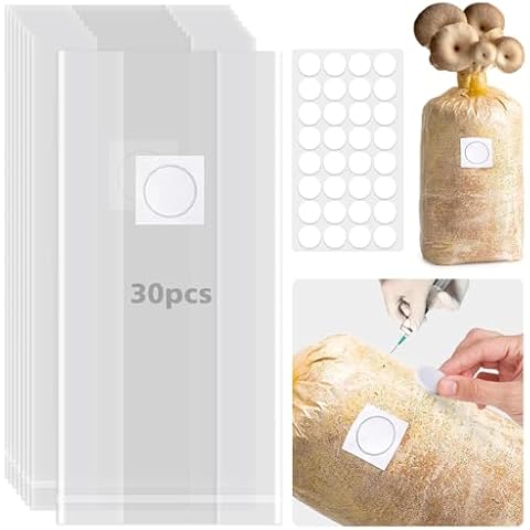 UNIFAMILY 30pcs Mushroom Grow Bags 6 Mil, Mushroom Bags with Self Healing Adhesive Injection Ports, Mushroom Spawn Bags,Clear Grain Spawn Bags with 0.2 Micron Breathable Filter Cover