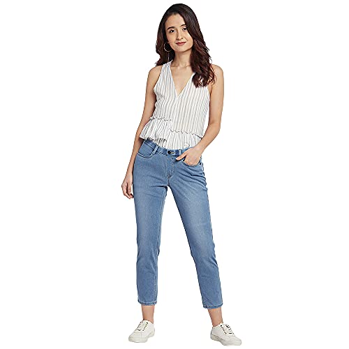 Image of GO COLORS Cotton Blend Cropped Denim Jeggings for Women | Slim Fit, Mid Rise, Light Blue