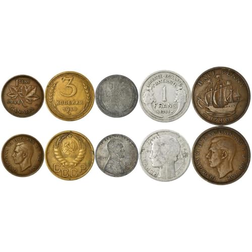 Pièces des 5 puissances de la Seconde Guerre mondiale de 1939 d'époque pour collectionneur