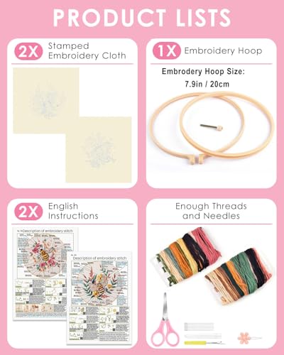 Image of TINDTOP 2 Pack Embroidery Kit for Adult, Embroidery DIY Starter Kit, with Stamped Patterns, Hoop, Tools, Colorful Threads with Needles, Instructions (Bee) | with Stamped Patterns, Hoop, Tools, Colorful Threads with Needles, Instructions (Bee)