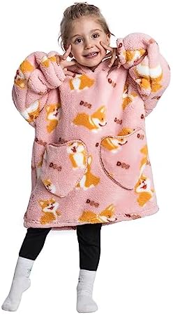Oversized Hoodie Blanket Kids Fleece Sherpa Cute Animals Pattern Fluffy Sweatshirts with huge Pocket, Ultra Soft Warm Wearable Blanket for Boys Girls Toddler Corgi 2-6