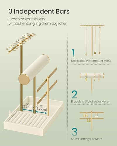 Image of SONGMICS Bracelet Holder Stand, Jewelry Display Stand, Jewelry Organizer with Necklace and Earring Organizers, Velvet Tray, Removable Ring Holder, Cream White and Pale Gold UJJS047W101
