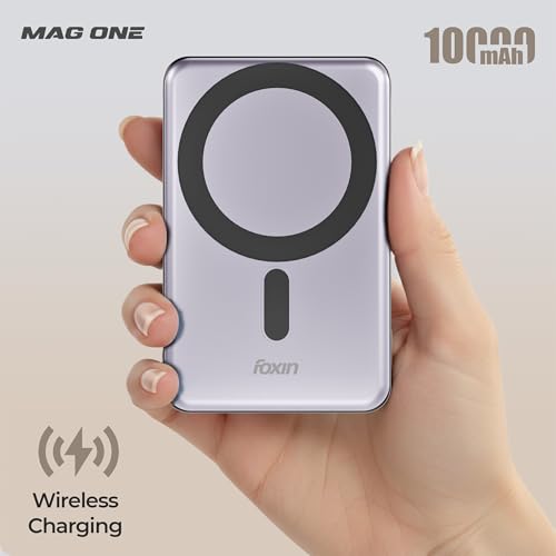 Image of Foxin Mag One Wireless 10000mAh Fast Charging Power Bank with Metal Stand | USB Type C Input & Output, 22.5W Portable Charger for iPhone 12 & Above, Android & Qi Enabled Devices | Meteor Grey