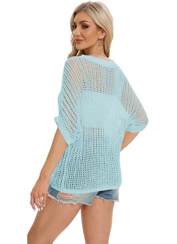 Image of LOZ Womens Summer Scoop Neck 3 /4 Sleeve Sweater Casual Crochet Hollow Out Knit Tops Pullover Shirts Beach Coverup