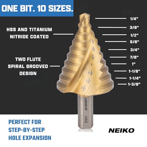 Image of NEIKO 10612A Step Drill Bit, 10 Steps 1 /4 inch to 1-3 /8 inch Spiral High Speed Steel, Titanium Nitride Coated, 3 /8 inch Tri Flat Step Bits for Steel, Metal, Wood, Plastic, Unibit Cone Drill Bits, Two Flute