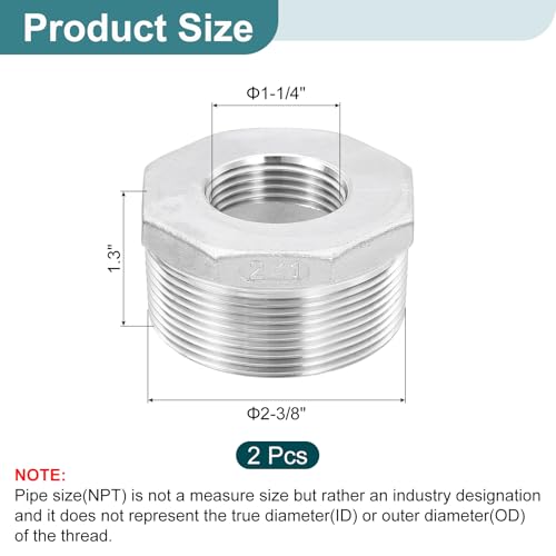 Image of uxcell 2Pcs 2 inch Male to 1 inch Female NPT 304 Stainless Steel Reducer Hex Bushing, Reducing Cast Pipe Adapter Fitting for industrial, oil /gas, water, HVAC, and plumbing systems