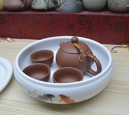 Image of Porcelain Tea Tray, Double-Layer Ceramic Tray Round for Tea Coffee Serving Table (Fish)
