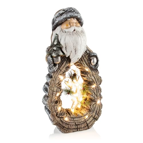 Alpine Corporation 21" H Indoor/Outdoor Santa Statue with Carved Wood Look and LED Lights, Christmas Decoration
