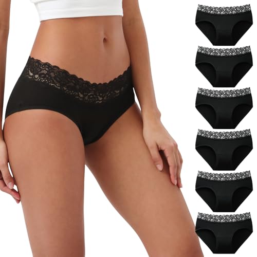 INNERSY Bragas Negras Mujer Encaje Braguitas Hipster Algodon Elástico Culotte Cintura Media Pack de 6 (L, 6 Negro)