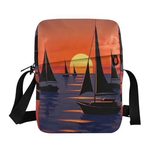 messenger bag for men mens shoulder bag Women's Cross Body Purse Adjustable Strap for School School- Sunset Boat Red Blue