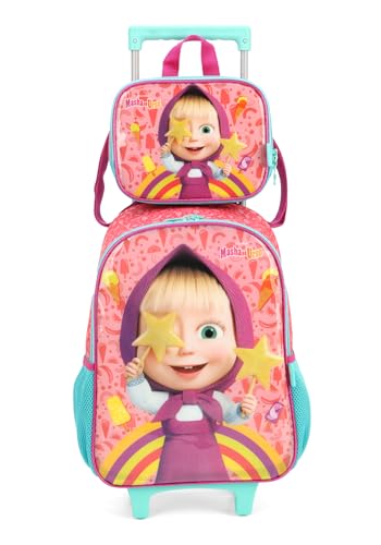 Kit de Mochila Escolar com Rodas e Lancheira Masha e Urso Cor:Salmão