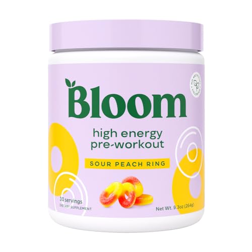 Image of Bloom Nutrition High Energy Pre Workout Powder, Amino Energy with Beta Alanine, Ginseng & L Tyrosine, Natural Caffeine Powder from Green Tea Extract, Sugar Free & Keto Drink Mix (Sour Peach Ring)