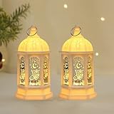 Mini Ramadan Candle Lantern Decorations for Centerpiece, Moroccan Style LED Eid Hanging Lantern Decorations for Home Halloween Wedding Christmas Table Decor (White-2Pcs)