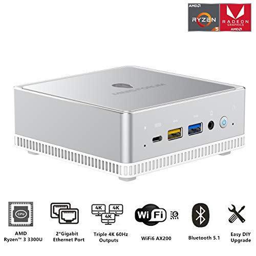 Mini PC AMD Ryzen 3 3300U (bis zu 3.5 GHz) 8GB DDR4/512GB SATA SSD WiFi BT5.1 4*USB3.1 Mini computadora de Escritorio(4K@60Hz) HDMI2.0 DP USB-C Anschlüsse, RTC Wake up/Wake on LAN/Auto Power on