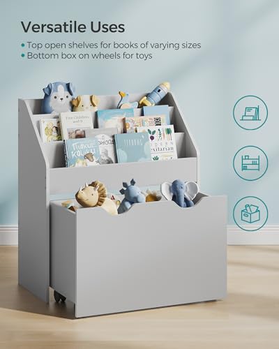 Image of SONGMICS Kids Bookshelf and Toy Organizer, Toy Storage Chest and Bookcase with 3 Shelves, Storage Box with Wheels, Multipurpose, for Children's Room and Playroom, Dove Gray UGKR041G10