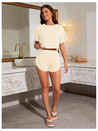 Image of OYOANGLE Womens Pajama Sets 2 Piece Sexy Lounge Sets Summer Cute Pjs Striped Print Tee and Side Split Shorts Set