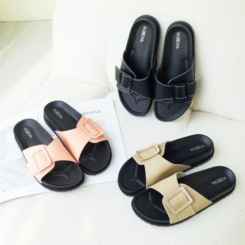 Roxoni Women's Open Toe Big Adjustable Strap Slide Sandals - Stylish and Comfortable Slip-Ons with Wide Strap Design2