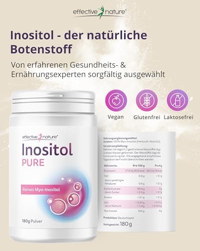 effective nature Inositol Pure 180 g - Hochreines Myo-Inositol Pulver - Geschmacksneutral - 4000 mg pro Tagesdosis - Gut Löslich - Vegan - Ohne Zusätze
