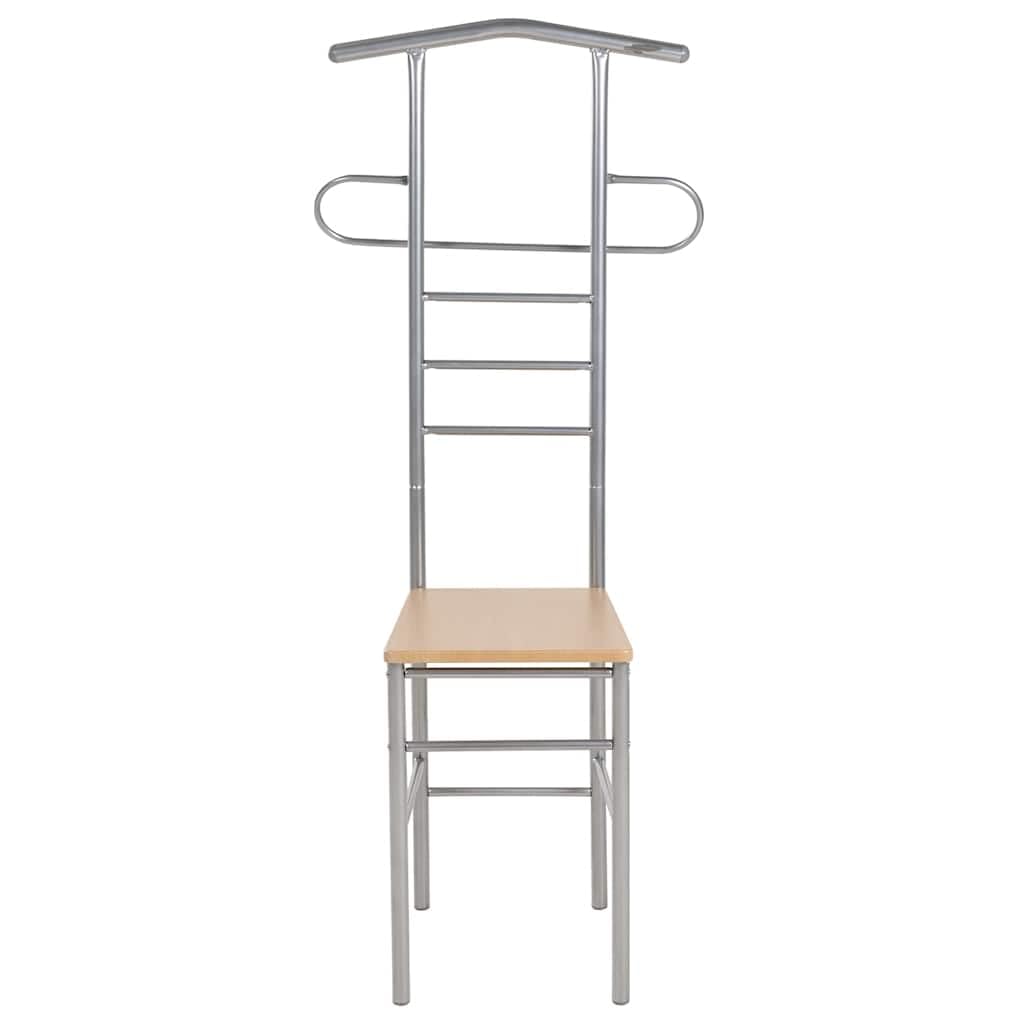 Krzesła dla mężczyzn, 2 szt., metalowe z siedziskiem z materiału drewnopochodnego, jasnobrązowe, srebrne, 52 x 40 x 120 cm, wieszak na ubrania, półka na buty, stojak na garnitur, do sypialni