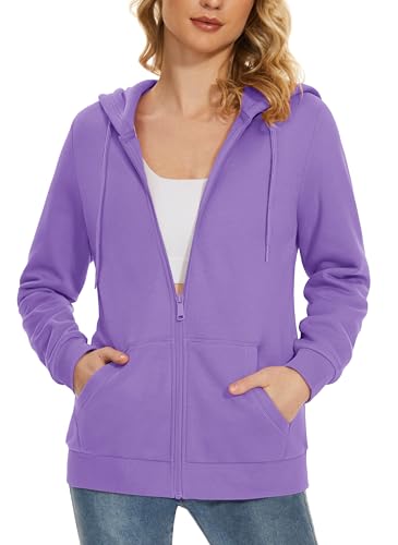 MAGCOMSEN Women's Fleece Lined Zip Up Hoodies Casual Hooded Jacket Workout Full Zip Sweatshirts Pocket Coats Light Purple M