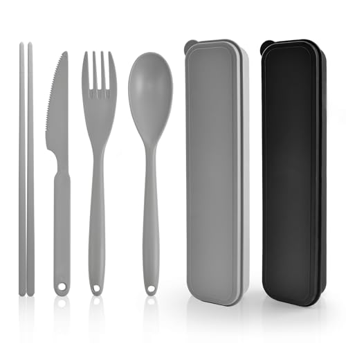 Juego de 2 cubiertos grandes, juego de cubiertos para camping con maleta, cubiertos de viaje de plástico, cuchara, tenedor, palillos, estuche, cubiertos de camping, portátiles y reutilizables para