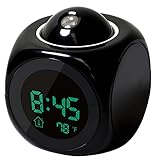 Hippih Projection Alarm Clock with Soft LED nightlight ,Snooze,Battery Backup, Auto Time Set,Sleep Timer,Indoor Time/Temperature/Day/Date Display Digital Bedside clock(BLACK)