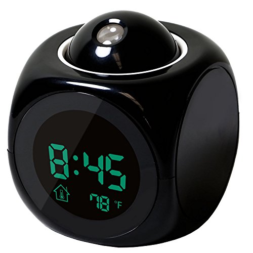 Hippih Projection Alarm Clock with Soft LED nightlight ,Snooze,Battery Backup, Auto Time Set,Sleep Timer,Indoor Time/Temperature/Day/Date Display Digital Bedside clock(BLACK)
