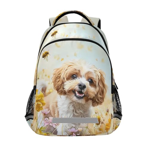 Dog Backpack for Students Boys Girls Cockapoo Dog Bees Sunflowers School Bag Travel Daypack Rucksack