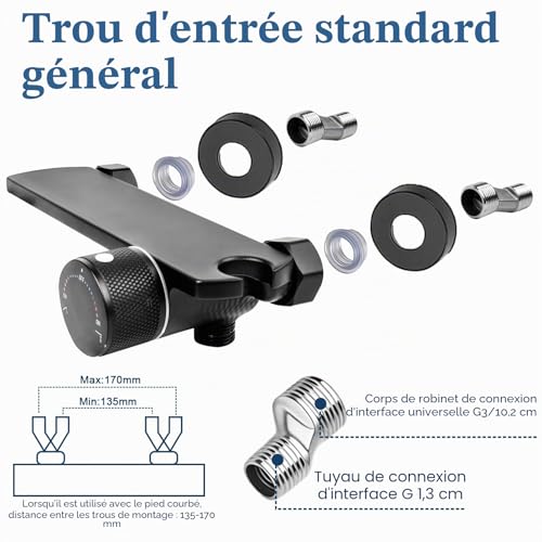 Robinet baignoire avec douchette 5 jets et flexible mural noir - 5