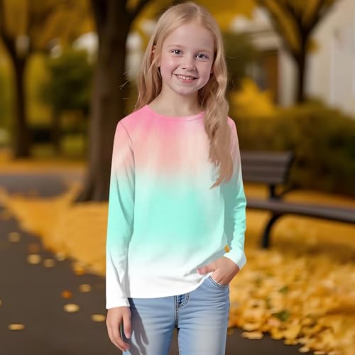 Girls Long Sleeve Gradient T-Shirt Soft Crewneck Top Comfortable Casual Fall Tee for Kids, Ages 3-14 Years4